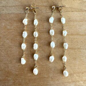 14K YELLOW GOLD FRESHWATER PEARL Drop Chain Dangle Earrings 2.5"